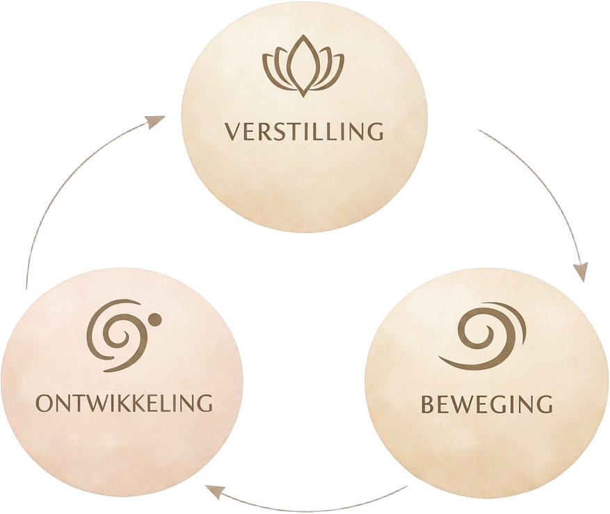 Circulaire flow van de drie Holiveda-pijlers: Verstilling, Beweging en Ontwikkeling